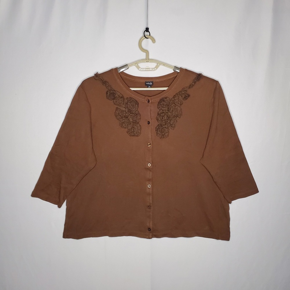 Rafaella‎ Button Cardigan Women 2X Applique Elbow Brown Vtg Goblin Grunge Forest